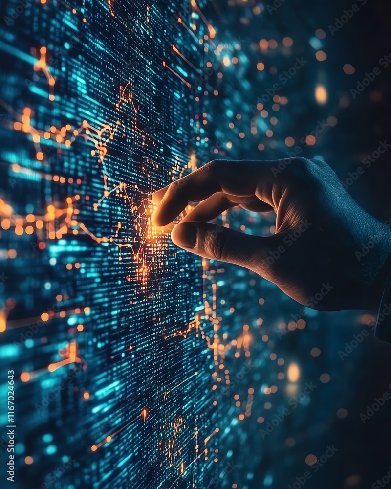 Poster Global business network concept with a businessman interacting with data exchanges in cyberspace, showcasing the importance of big data in modern digital transformation
