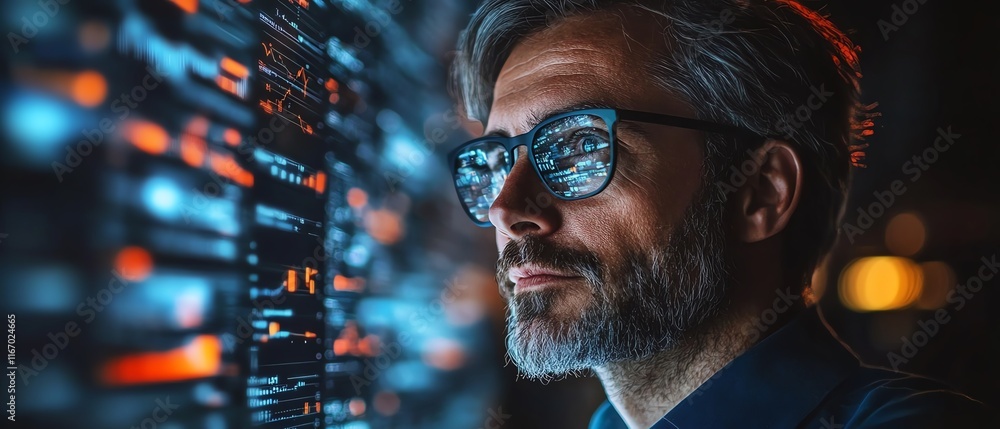 Poster Global business network concept with a businessman interacting with data exchanges in cyberspace, showcasing the importance of big data in modern digital transformation