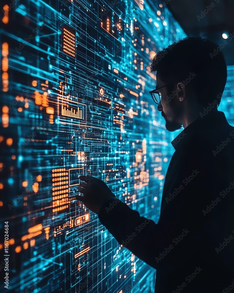Poster Global business network concept with a businessman interacting with data exchanges in cyberspace, showcasing the importance of big data in modern digital transformation