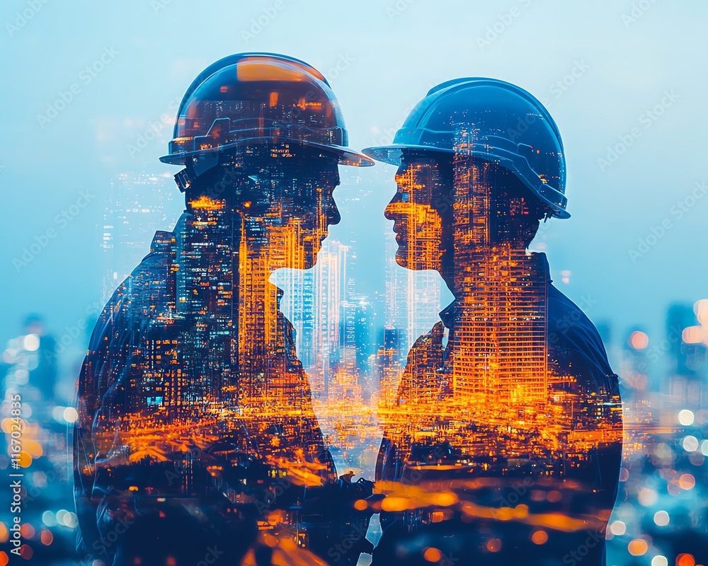Poster innovative vision of building construction engineering, featuring a double exposure of engineers at 