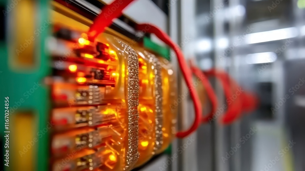 Poster high tech server rack close up illuminated data center components and cables