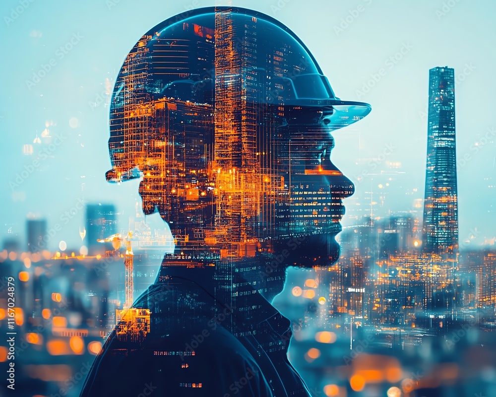 Aufkleber Innovative vision of building construction engineering, featuring a double exposure of engineers at work and cuttingedge technology, symbolizing the future of smart industry