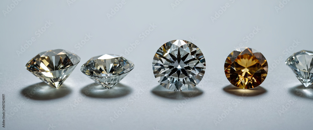 Poster different diamonds with distinct cuts and hues are neatly arranged on a flat surface, showcasing the