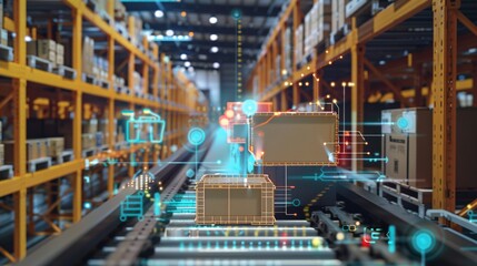 Naklejka premium Efficient high tech automated warehouse facility with shelves stacked with inventory boxes and crates representing the logistics and supply chain distribution industry