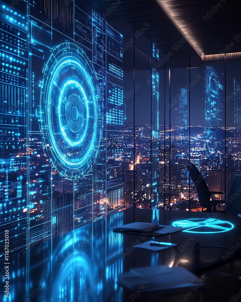 Aufkleber Virtual wireless technology hologram in a modern office setting, symbolizing the intersection of big data and database concepts in a sleek, futuristic design