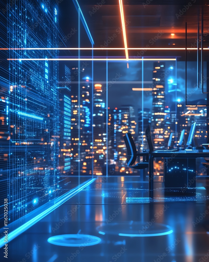 Poster Virtual wireless technology hologram in a modern office setting, symbolizing the intersection of big data and database concepts in a sleek, futuristic design