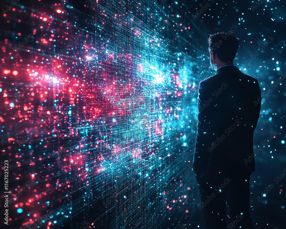 Fototapete Abstract technology scene showing a businessman interacting with a global business network and data exchanges in cyberspace, emphasizing the power of big data in the digital age