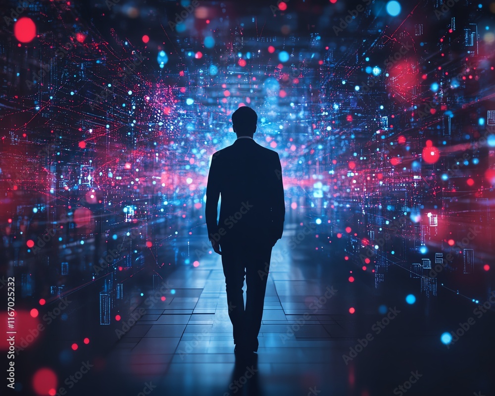 Poster Abstract technology scene showing a businessman interacting with a global business network and data exchanges in cyberspace, emphasizing the power of big data in the digital age
