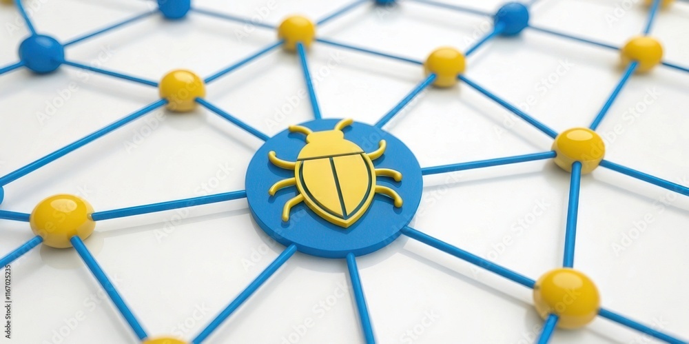 Aufkleber a colorful network of nodes featuring a yellow and blue bug symbol, representing connectivity and di