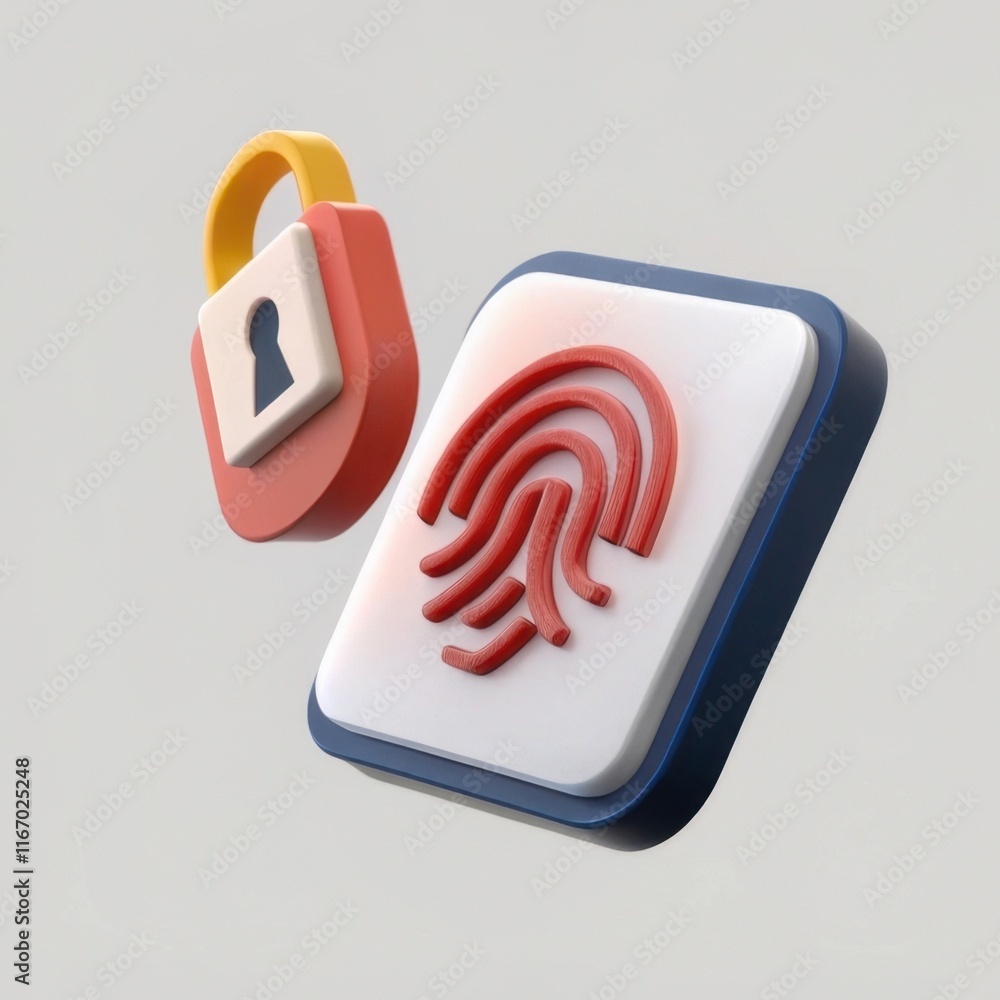 Poster a digital illustration featuring a fingerprint and a padlock symbolizing security and biometric auth