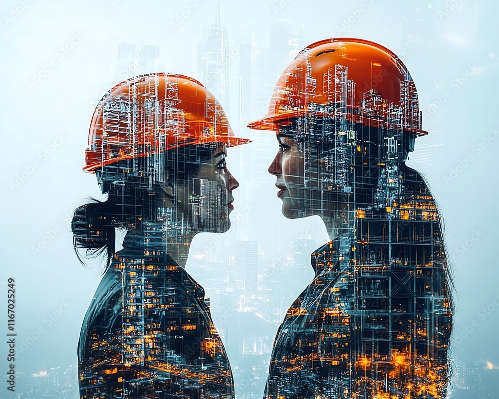 Poster double exposure graphic showcasing engineers working in building construction, combined with smart i