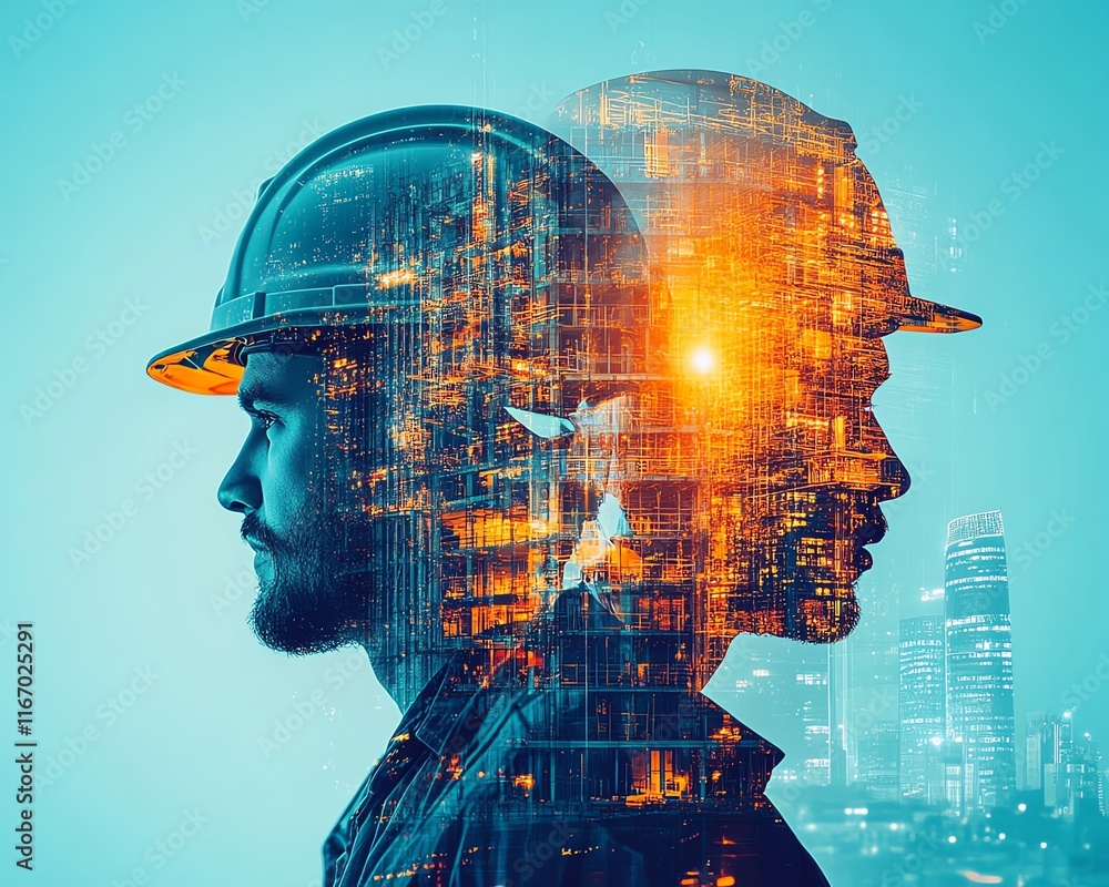 Poster double exposure graphic showcasing engineers working in building construction, combined with smart i