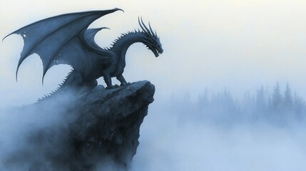 Majestic grey dragon perched on a misty mountain peak, overlooking a foggy forest.