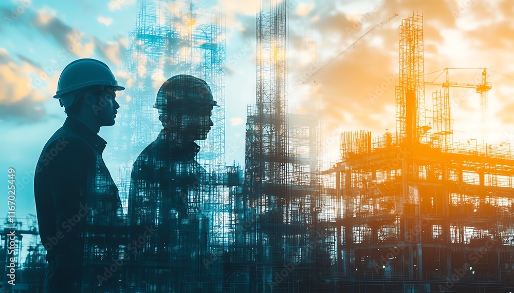 Poster Double exposure graphic of engineers in building construction, integrated with smart industry technologies, representing the future of engineering and technological advancements