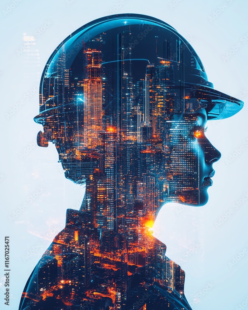 Poster double exposure image showcasing engineers in building construction
