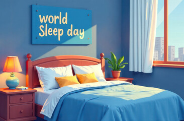 cozy bedroom with plush pillows, blue bedding and world sleep day poster on wall. peaceful ambiance, relaxation and rest. sleep awareness campaign, bedroom decor