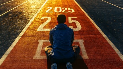 A man resting on one knee at the starting line, reflecting on the "2025" engraving
