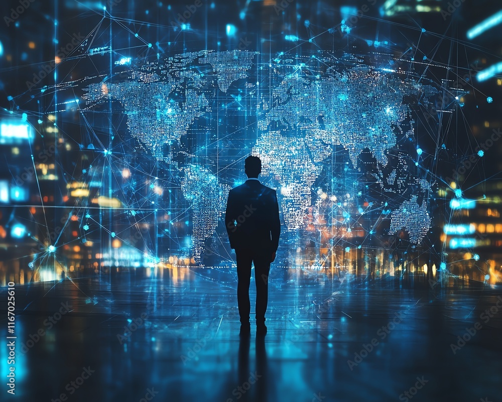 Poster Futuristic abstract background with a businessman interacting with global business networks and data exchanges