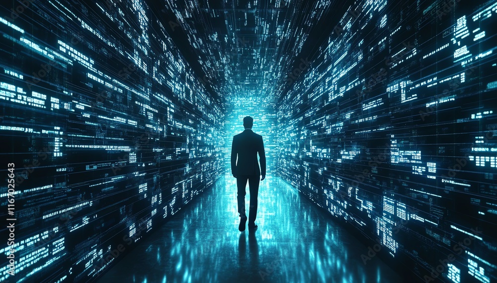 Leinwandbilder Futuristic abstract technology background with a businessman navigating global business networks and data exchanges in cyberspace, illustrating the significance of big data