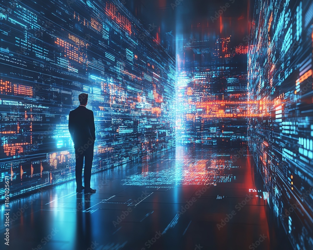 Poster Futuristic abstract background with a businessman interacting with global business networks and data exchanges