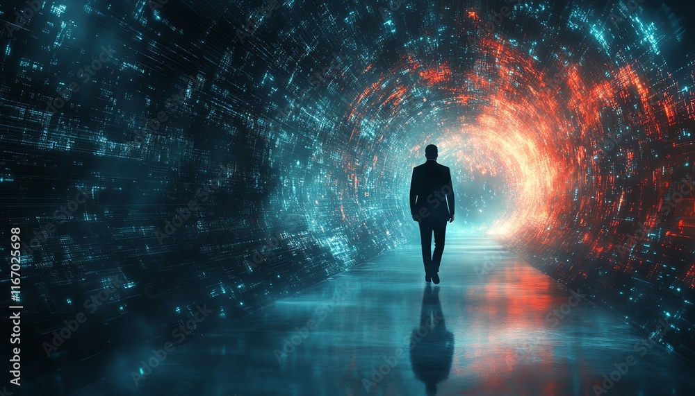 Aufkleber Futuristic abstract technology background with a businessman navigating global business networks and data exchanges in cyberspace, illustrating the significance of big data
