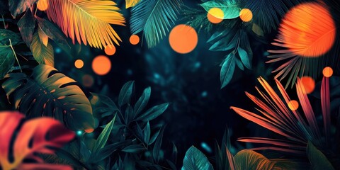 Fototapeta premium Lush green leaves and colorful tropical plants fill the scene while glowing orbs of light hover above, creating a magical ambiance in the evening jungle