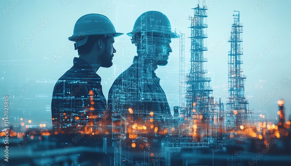 Poster Futuristic building construction engineering scene with double exposure of engineers at work and advanced smart industry technology, representing innovation in construction