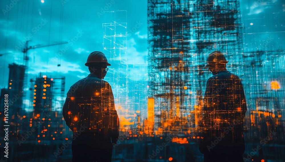 Poster futuristic building construction engineering scene with double exposure of engineers at work and adv
