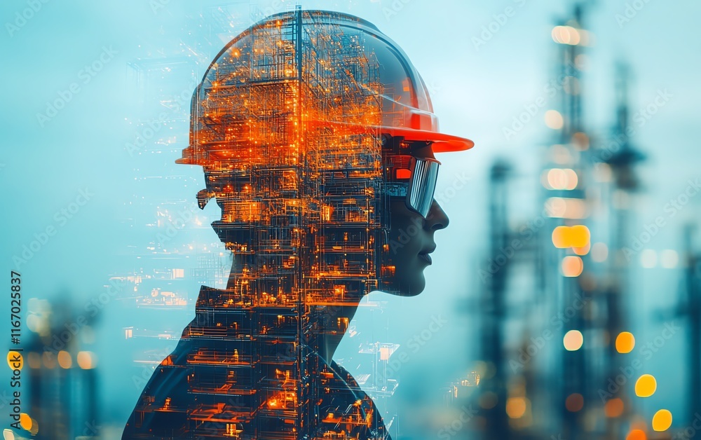 Poster futuristic building construction engineering scene with double exposure of engineers at work and adv
