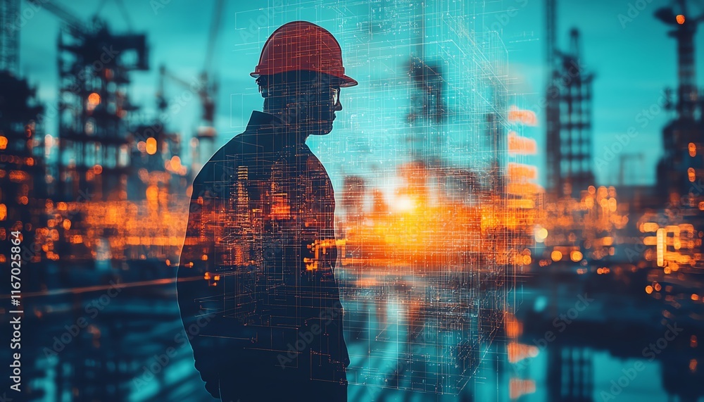Aufkleber Futuristic building construction engineering scene with double exposure of engineers at work and advanced smart industry technology, representing innovation in construction