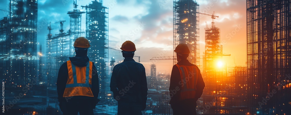 Aufkleber futuristic construction engineering concept with a double exposure of engineers working alongside sm