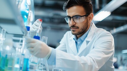 A scientist in a lab carefully conducts an experiment, using glassware filled with colorful liquids.