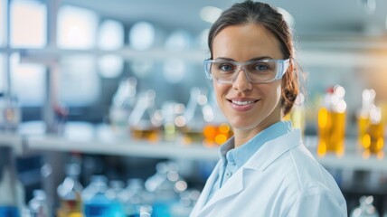 Fototapeta premium A smiling woman in a lab coat and safety glasses stands in a laboratory filled with colorful glassware, showcasing a professional and scientific environment.