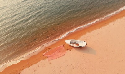 Nets hung up to dry near a small fishing boat on a sandy beach