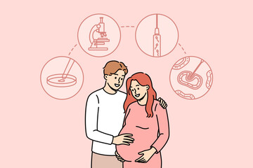 Young couple used in vitro fertilization to become pregnant and give birth to own child. In vitro fertilization symbols over man and woman visiting clinic for IVF or surrogate childbirth