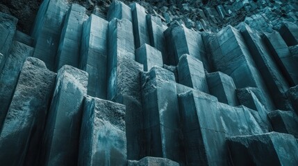Fototapeta premium Mesmerizing Columnar Basalt Formations in Icy Blue Landscape Dramatic natural geological structures created by volcanic activity with a serene minimalist and abstract aesthetic