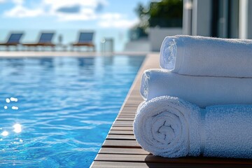 White Towels Poolside with Blue Water and Ocean View Relaxation Vacation Summer Spa Experience