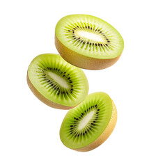 Fototapeta premium slices of fresh green kiwi fruit cut pieces isolated on transparent background, cutout png