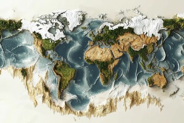 Obraz premium Three-dimensional world map, textured continents, oceans.