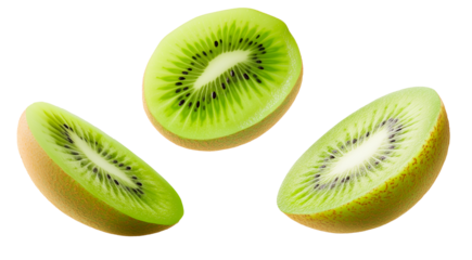 fresh green kiwi fruit cut pieces isolated on transparent background, cutout png