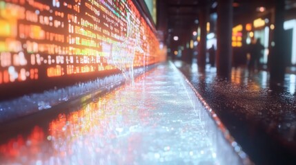 Futuristic City Nightscape Water Feature Reflecting Vibrant Digital Display