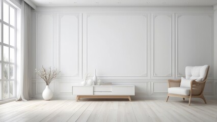 modern living room interior design and white chair and empty wooden wall background