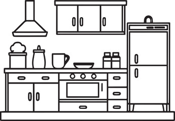Black and white line art Silhouette kitchen  furniture vector doodle art in white background