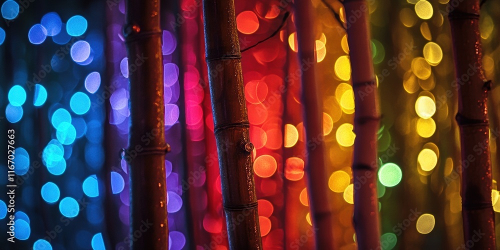 Poster bamboo stalks stand against a backdrop of colorful lights creating a mesmerizing atmosphere during a