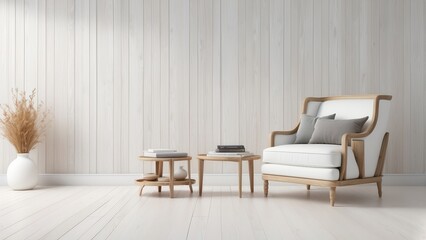 modern living room interior design and white chair and empty wooden wall background