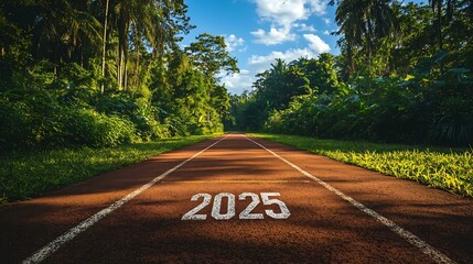 A scenic shot of an athletics track surrounded by nature, with "2025" engraved at the starting line
