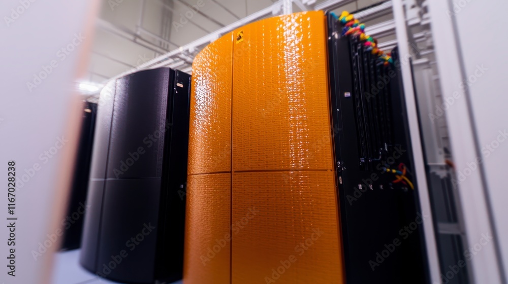 Aufkleber modern data center server room with orange and black high performance computing servers