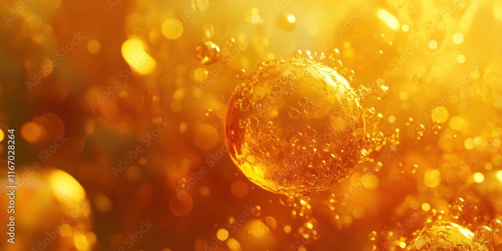 Poster golden bubbles float upward in a shimmering liquid, illuminated by warm light, creating an inviting 