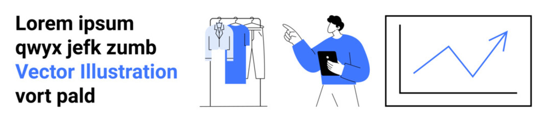 Man holding a tablet points towards a clothes rack and a graph. Text displayed. Ideal for advertising, e-commerce, business growth, fashion, retail analysis, presentations digital analytics. Landing