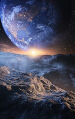Naklejka premium Earthrise over Alien Planet Landscape
